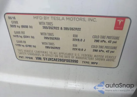 2016 Tesla Model X from USA, damaged, VIN 5YJXCAE28GF003990